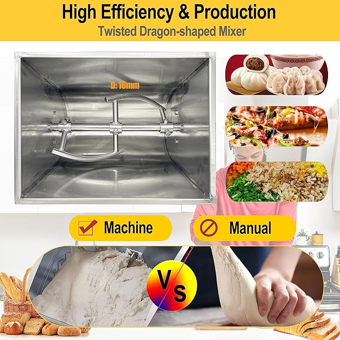 TECHTONGDA Commercial 110V Electric Dough Mixer Mixing Machine 25KG Heavy Duty Food Flour Mixer Spiral Dough Kneading Machine with 90 Degree Tilt Bucket for Restaurant School