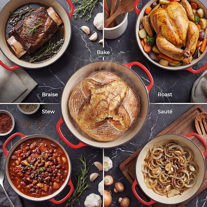 Zulay Kitchen 7.7 Quart Enameled Cast Iron Dutch Oven Pot with Lid – Premium Durability & Oven Safe up to 500°F – Heavy Duty Cookware Perfect for Bread Baking, Stews, Braising & Roasting – Red