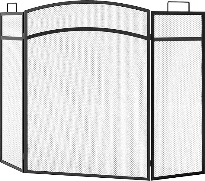 3 Panel Fireplace Screen 48" W x 29" H Modern Foldable with Wrought Metal Decorative Mesh,Arch Heavy Duty Fire Spark Guard Cover for Home Decor Indoor, Black