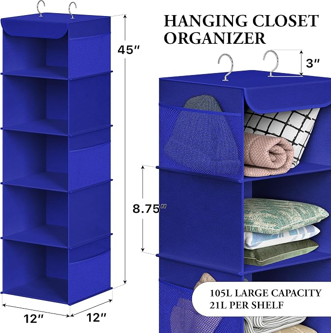 Simple Houseware 5 Shelf Hanging Closet Organizer, Dark Blue | 360° Rotating - Image 2