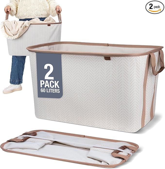 Collapsible Fabric Laundry Basket Premium, Cream Herringbone, 2 Pack by CleverMade