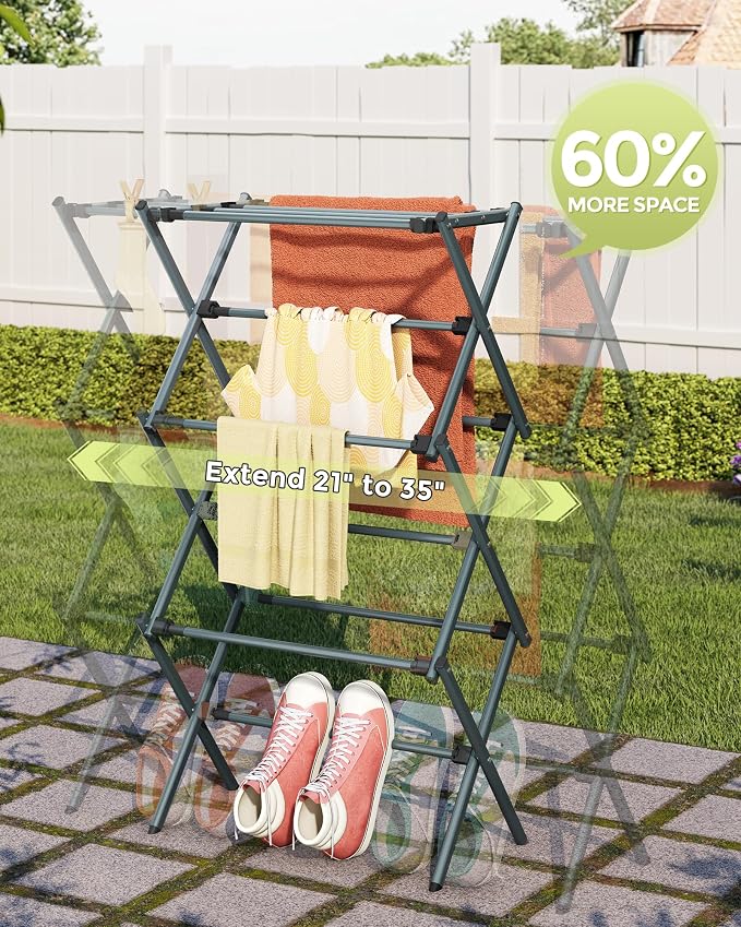 3-Tier Foldable Clothes Drying Rack, 37.6" H, Tool-free Assembly, Extendable - Image 4