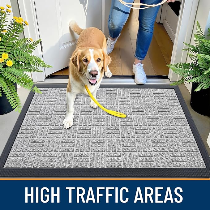 OLANLY Front Door Mat Outside Entrance 47x23, Absorbent, Heavy Duty Sturdy Natural Rubber Doormat Indoor Outdoor, Non-Slip, Stain and Fade Resistant, Low Profile Floor Mat for Entryway, Light Gray