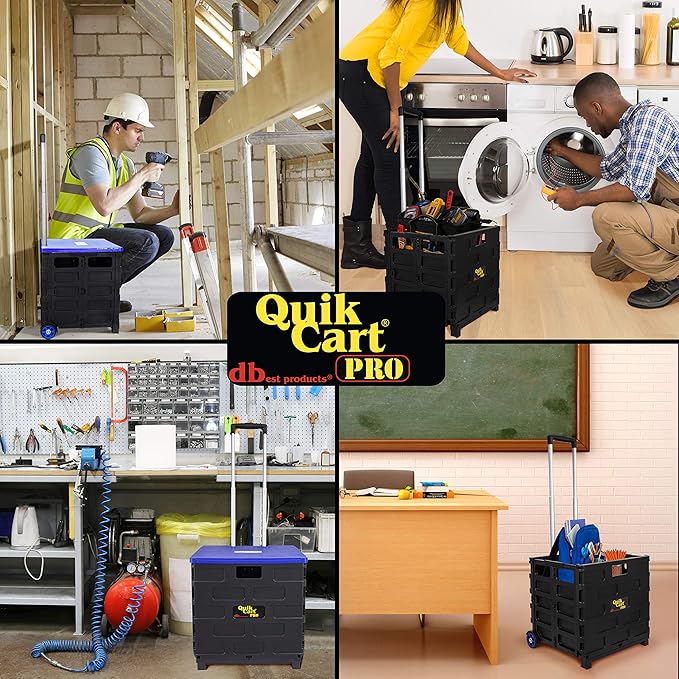 dbest products Quik Cart Pro Wheeled Rolling Crate Teacher Utility with seat Heavy Duty Collapsible Basket with Handle, Blue