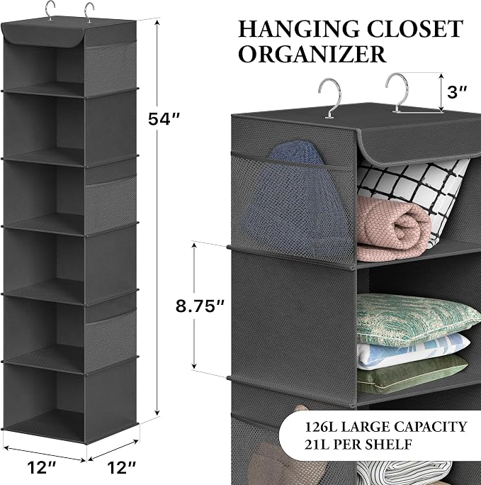 Simple Houseware 6 Shelf Hanging Closet Organizer, Dark Gray | 360° Rotating - Image 2