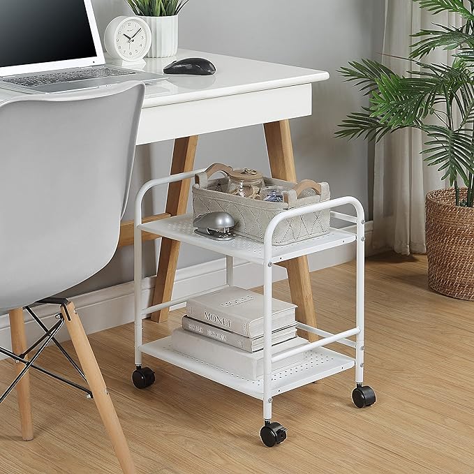 SunnyPoint 2-Tier Metal Rolling Utility Cart – Mobile Storage Shelf with Caster Wheels – Small Space Organizer for Home, Office, Bedroom, Kitchen (WHT)