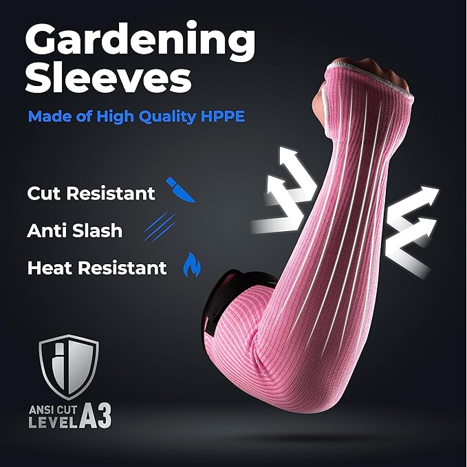 OriStout Cut Resistant Gardening Sleeves with Tumb Hole, Protective Arm Sleeves for Yard Work, Kitchen, Arm Guards for Biting, Pet Grooming, Gardening Gifts for Women, Pink, 1 Pair
