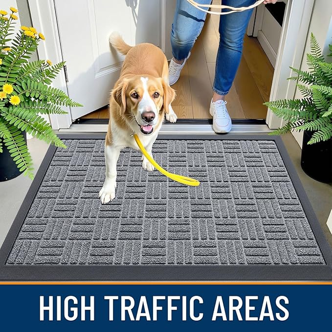 OLANLY Front Door Mat Outside Entrance 47x23, Absorbent, Heavy Duty Sturdy Natural Rubber Doormat Indoor Outdoor, Non-Slip, Stain and Fade Resistant, Low Profile Floor Mat for Entryway, Charcoal Gray