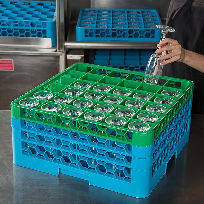 CFS RG36-3C413 OptiClean 36 Compartment Glass Rack with 3 Extenders, 8.72", Polypropylene, green/CFS Blue