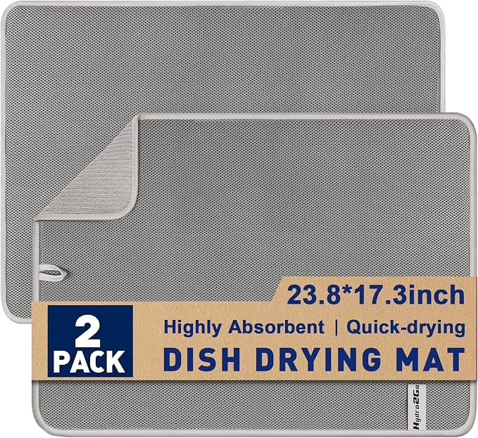 Large Dish Drying Mat 2 Pack, 23.8" x 17.3" Microfiber Ultra Absorbent by Hydro2Go