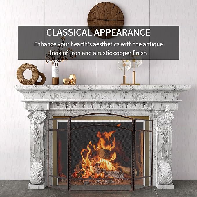 Fire Beauty Fireplace Screen 3 Panel Wrought Iron 48"(L) x 29"(H) Spark Guard Cover(Brushed Copper)