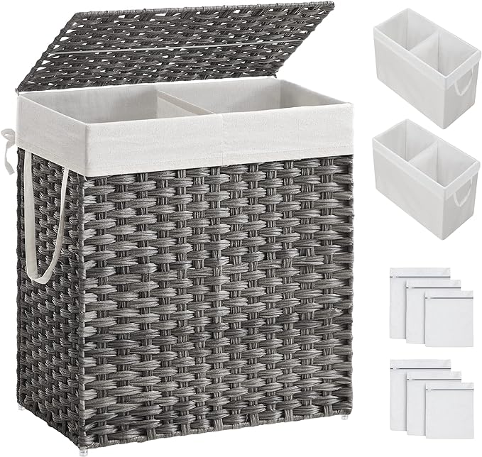SONGMICS Laundry Hamper with Lid, 110L Double Wicker Basket, 6 Mesh Bags by Unknown