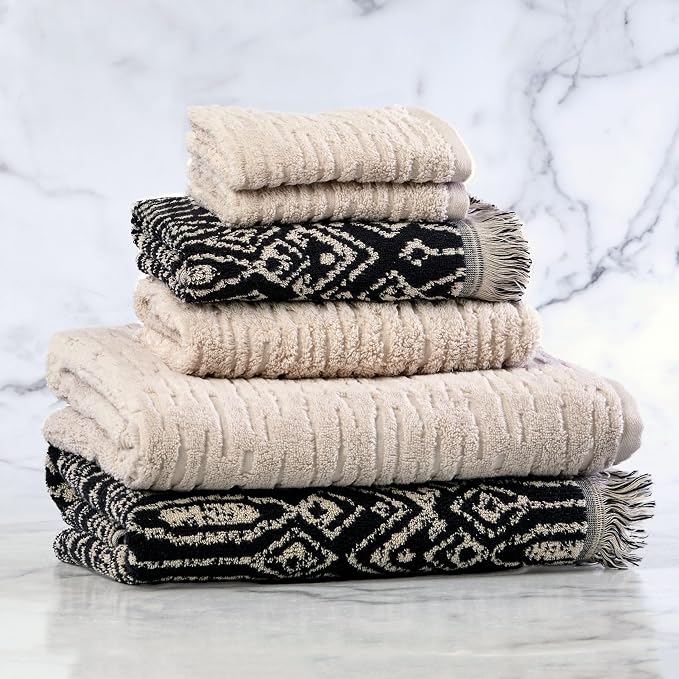SKL Home CloudSoft/Nador Bath Towel Set-6pc, 100% Cotton, Oatmeal/Black | 2 - Image 7