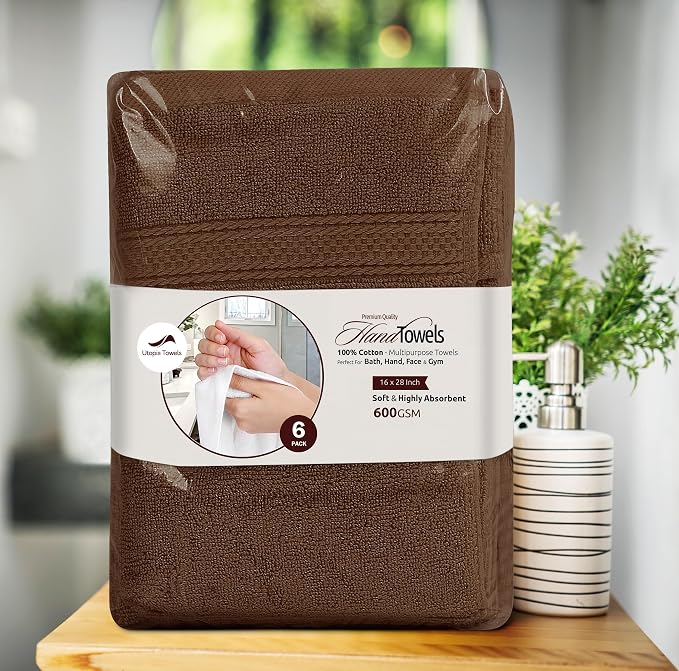 Utopia Towels 6 Pack Premium Hand Towels 16x28 in 600 GSM Cotton Dark Brown | - Image 7