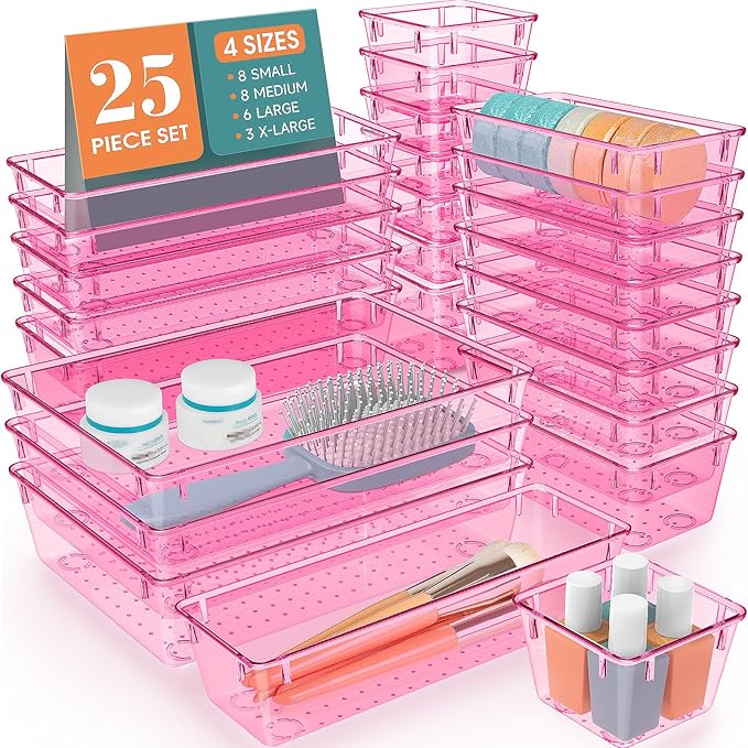 25 PCS Plastic Drawer Organizer Set, Makeup Organizers and Storage Bins | 4 by WOWBOX