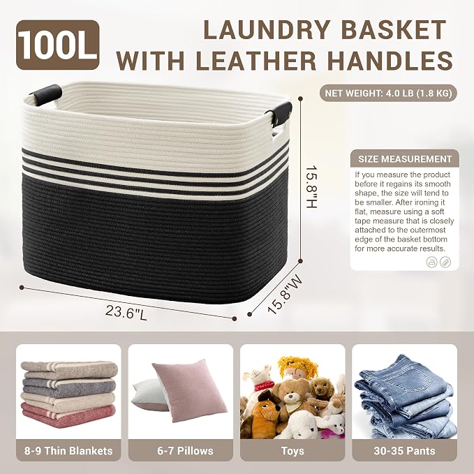 100L Large Woven Laundry Basket Hamper - Image 2