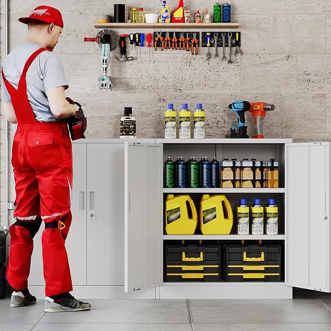 BESFUR Metal Storage Cabinets, Steel Locking Cabinet with 2 Shelves and Doors, White Garage Cabinet for Home Office, School, Garage, Utility Room, and Basement