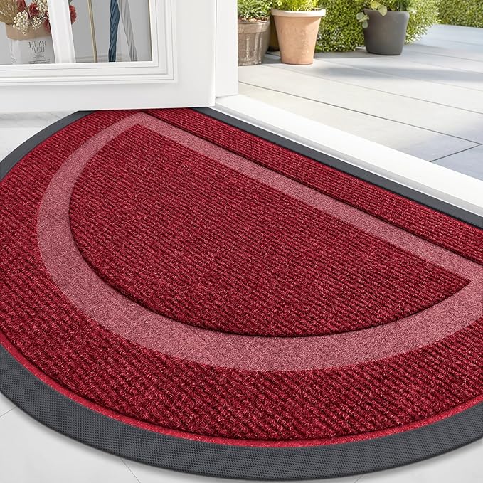 OLANLY Half Circle Door Mat Indoor Outdoor Entrance Welcome, Waterproof All-Season, All-Weather Doormat, Sturdy Natural Rubber, Low Profile, Easy Clean Patio Porch Entryway Mat, 59x34, Win Red
