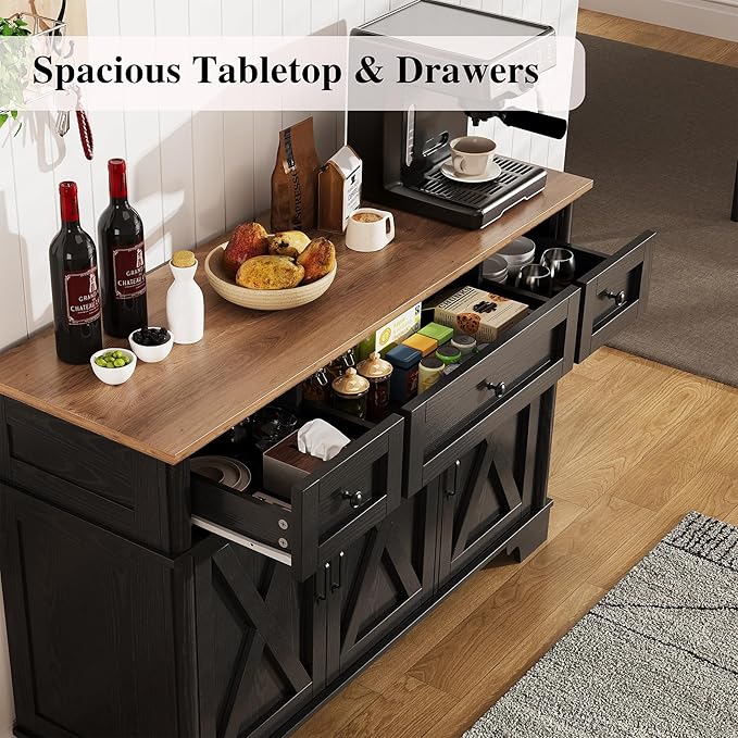 Farmhouse Buffet Cabinet with Storage, Black Sideboard Buffet Cabinet with Adjustable Shelves & 3 Drawers, Buffet Table Coffee Bar Wine Bar Storage for Kitchen & Living Room, 47 Inch
