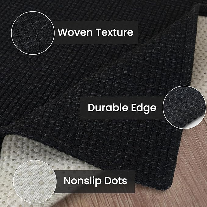 IOHOUZE Washable Runner Rug 2.6x10 Non Slip Rubber Backed Long Hallway Runner Entryway Runner Indoor, Kitchen Rugs Woven Cotton Floor Carpet for Hall Entrance, Black/Grey