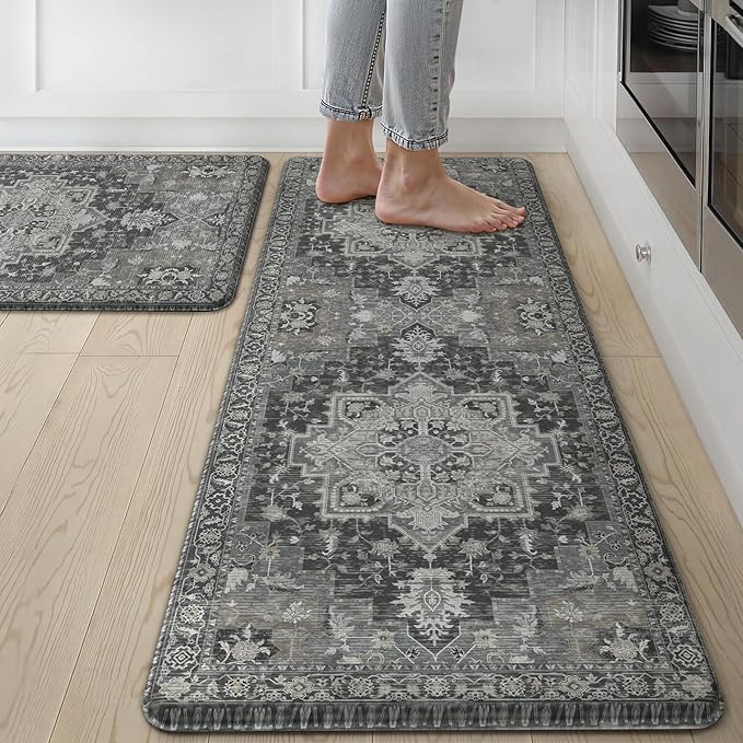 GENIMO Kitchen Mats for Floor 2PCs, Washable Anti Fatigue Mat for Cushioned, 17.3"x47"+17.3"x30", Waterproof Kitchen Rugs, Non Slip Comfort Standing Mat Rug for Home, Sink, Laundry, Dark Gray