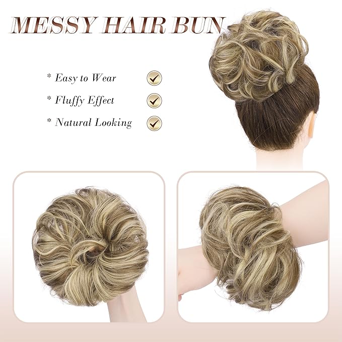 FESHFEN Large Messy Bun Hair Piece - Wavy Synthetic Chignon Scrunchies Elastic Ponytail Hair Extensions Thick Hairpieces for Women, Brunette & Blonde 1.94oz