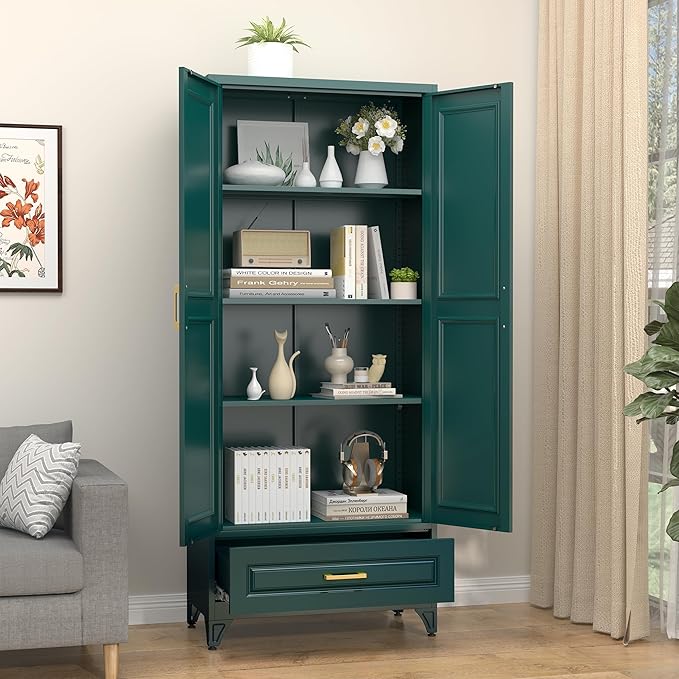 75" Kitchen Pantry Cabinet with Drawer, Metal Storage Cabinets with Doors and 4 Adjustable Shelves,Green Kitchen Cabinet with 2 Gold Handles,Food Cupboard for Livingroom,Pantry, Bathroom