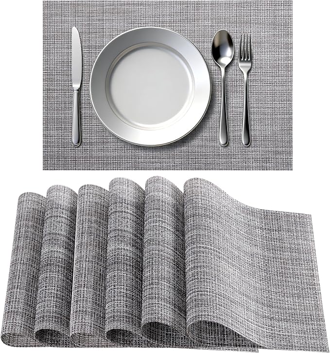 Timeet Placemats Set of 6, Heat Resistant Non-Slip Place Mats, Durable Washable PVC Vinyl Woven Table Mats, Linen Textured Table Placemats for Dining Kitchen Resistant Easy to Clean(Gray)