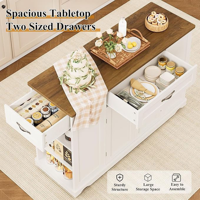 HOSTACK Kitchen Island Cart with Storage, 47'' Kitchen Storage Island on Wheels with 2 Drawers, Rolling Island Table with Adjustable Shelves, Mobile Buffet Sideboard Cabinet for Dining Room, White
