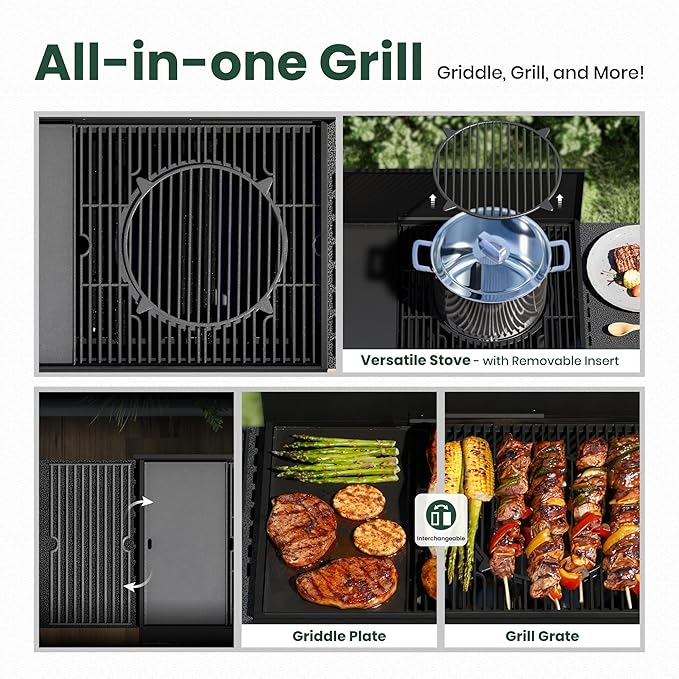 3 in 1 Propane Griddle Grill Stove Combo,4-Burner Propane Gas BBQ Grill with Porcelain-Enameled Cast lron Grates & Plate, 52,000 BTU Barbecue Combo Grill for Outdoor Cooking Camping Patio Backyard
