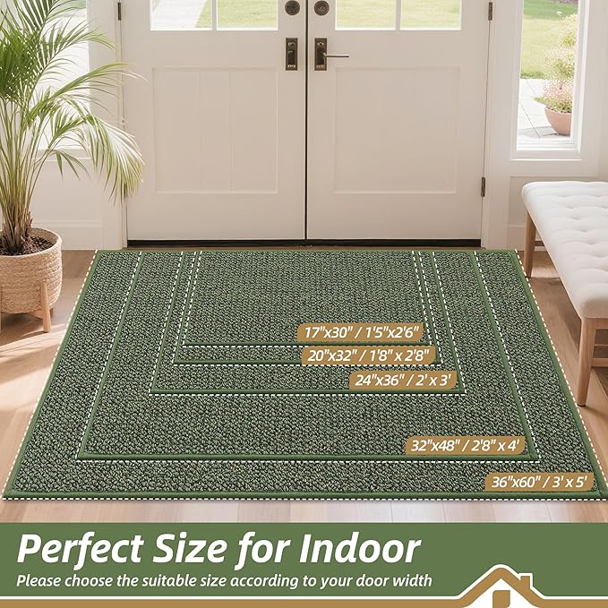 BEQHAUSE Dirt Trapper Door Mat 24" x 36", Non-Slip Washable Doormats Entrance Mat, Dirt Resistant and Absorbent Welcome Mat, Low Profile Floor Mats for Front Back Door and Entryway, Green