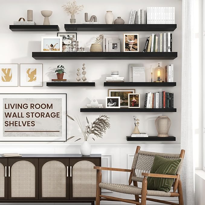 Floating Shelves for Wall 55"W x 10"D x 1.5"H, Long Engineered Wood Wall Shelves with Invisible Brackets for Living Room Bedroom Bathroom Office Kitchen Decor and Storage, Black Finish, Set of 1
