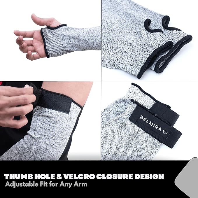 Belmira Cut Resistant Sleeves with Thumb Hole - ANSI A4 Arm Protectors for Thin Skin and bruising, Thorn Proof Gardening Sleeves for Men & Women With Adjustable Fit (1 Pair, 18", Grey)