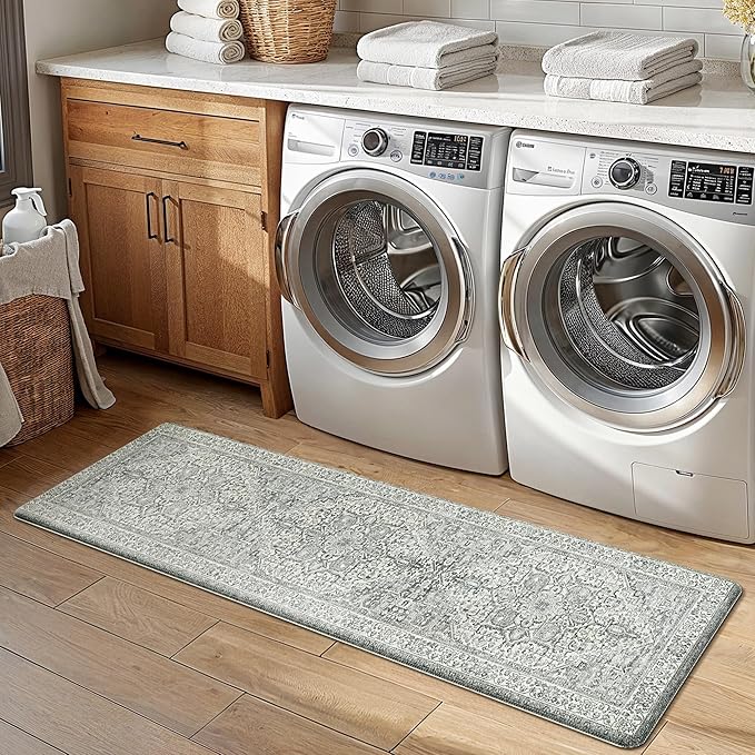 GENIMO Kitchen Mats for Floor, 2PCS Kitchen Rugs Non Slip Washable, Waterproof Anti Fatigue Mat, Comfort Standing Runner Rug for Sink, Office, Laundry, Home, 17.3"x59"+17.3"x30", Blue Grey