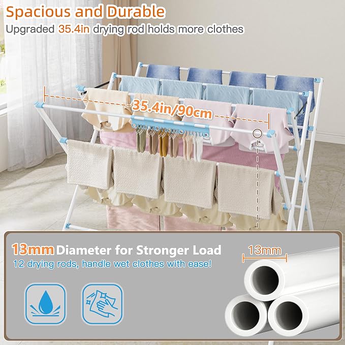 Drying Rack Clothing, 35.43in Long Drying Poles Large Clothes Drying Rack | - Image 4