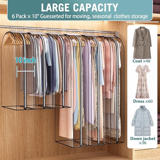 Liuoud Clear Garment Bags for Hanging Clothes 10” Gusseted, 6 Pack, 40”&60” | - Image 2