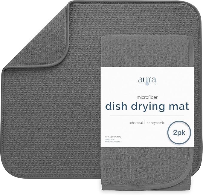 S&T INC. Dish Drying Mat, 2 Pack, Charcoal Grey | Absorbent Microfiber by STINC
