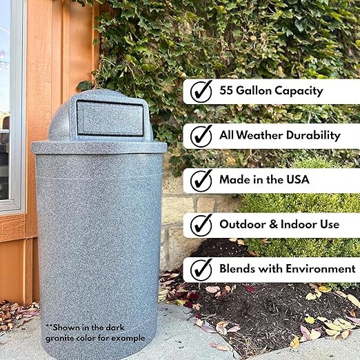 Campus Collection 55 Gallon Round Heavy-Duty Plastic Commercial Outdoor or Indor Trash Can with Push Open Dome Lid and Internal Liner | Great for Schools and Businesses - Black