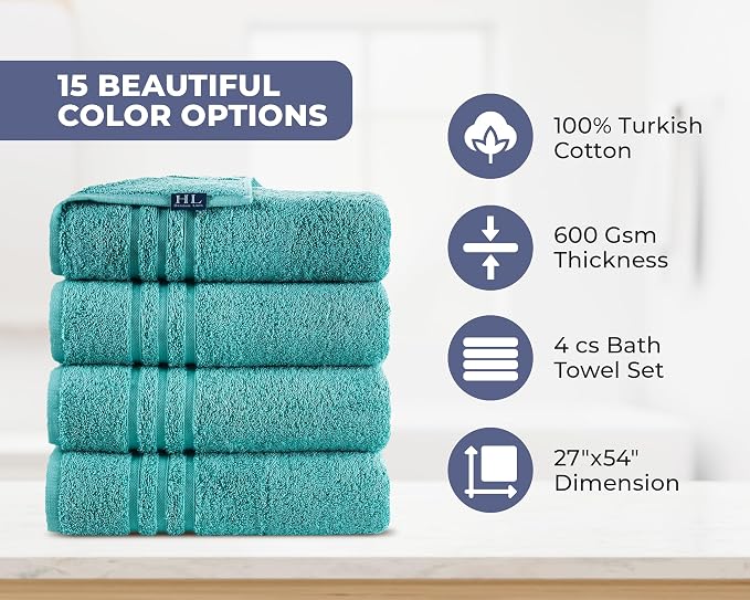Hawmam Linen Teal Turquoise Bath Towels 4 Pack Soft and Absorbent - Image 3