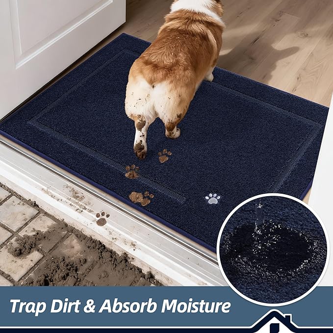 BEQHAUSE Dog Door Mat for Muddy Paws 24"x36" Dirt Trapper Absorbent Doormat Non Slip Entryway Rugs Washable Stain Resistant Welcome Floor Mat Soft Low-Profile for Front Back Door, Navy Blue