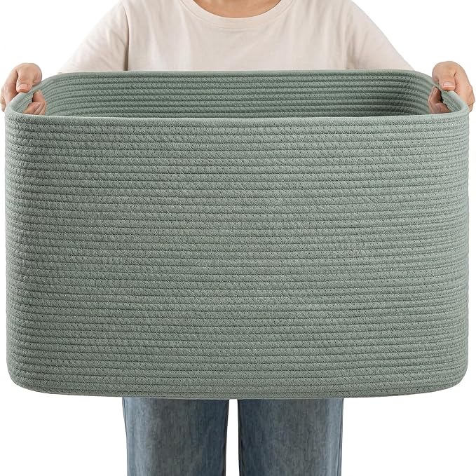 75L Green Cotton Rope Storage Basket, Large Rectangle Laundry Hamper by Hobasket