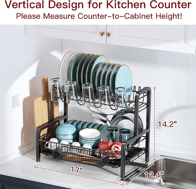 BOOSINY 2 Tier Black Stainless Steel Dish Drying Rack - Image 6