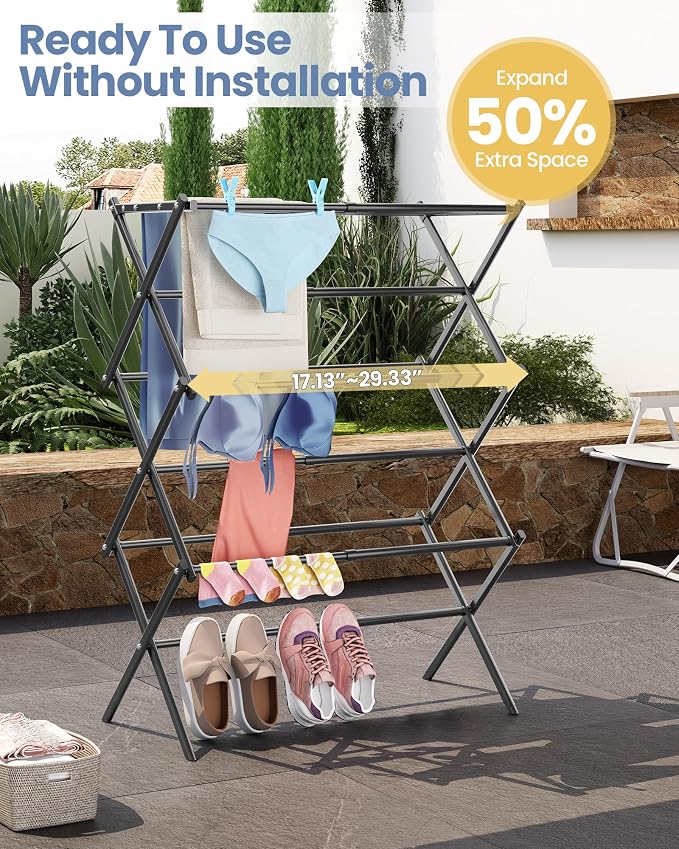 Oversize 3-Tier Clothes Drying Rack, No Install, Non-slip feet, Tool-free Setup - Image 5