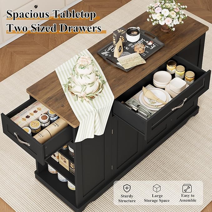 HOSTACK Kitchen Island Cart with Storage, 47'' Kitchen Storage Island on Wheels with 2 Drawers, Rolling Island Table with Adjustable Shelves, Mobile Buffet Sideboard Cabinet for Dining Room, Black
