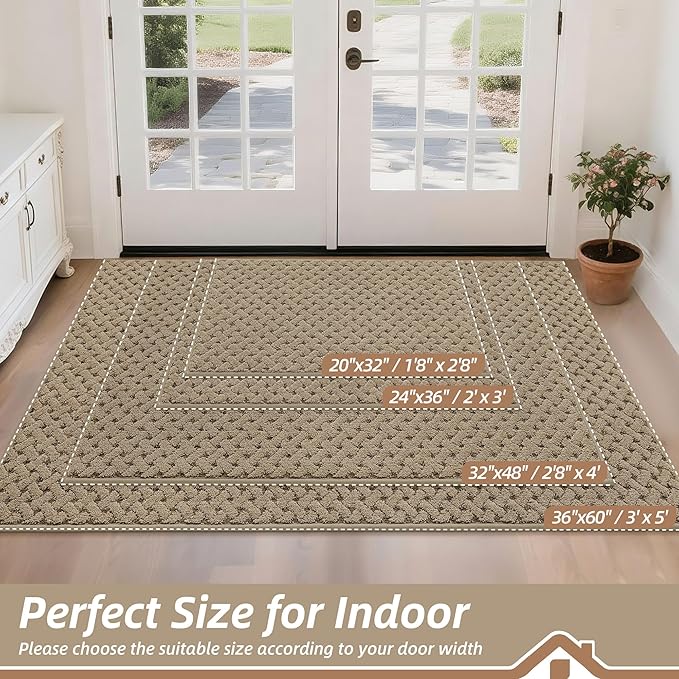 BEQHAUSE Dirt Trapper Door Mat Non-Slip Entryway Rugs Stain Resistant Absorbent Dog Doormats Woven-Look Washable Welcome Floor Doormat for Front Back Door, Muddy Wet Shoes & Paws, 32" x 48", Beige