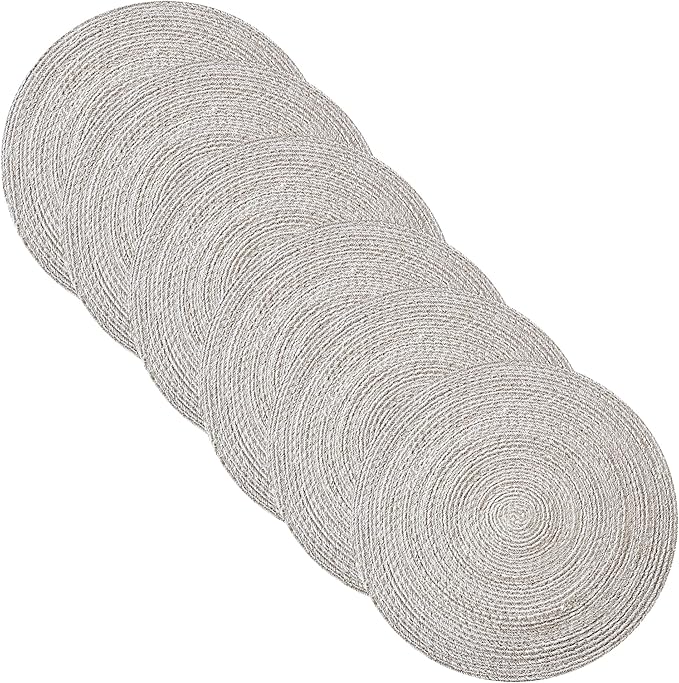 Round Placemats Set of 4-100% Cotton Two-Tone Placemat for Dining Table - Woven Braided Table Setting Place Mat - Washable Table Decor for Kitchen, Farmhouse, Rustic, Everyday Use, Gray