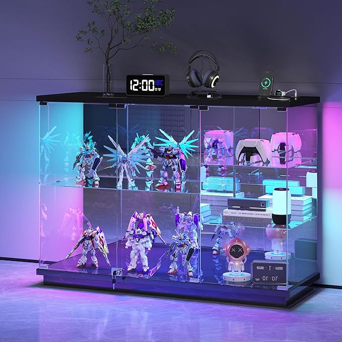 Lvifur RGB Glass Display Cabinet - with Lock, High Gloss Sideboard with Human Body Sensor & Glass Shelves for Toys, Books, Collectibles, Liquor, Bookcase for Living Room, Kitchen, Study, Black