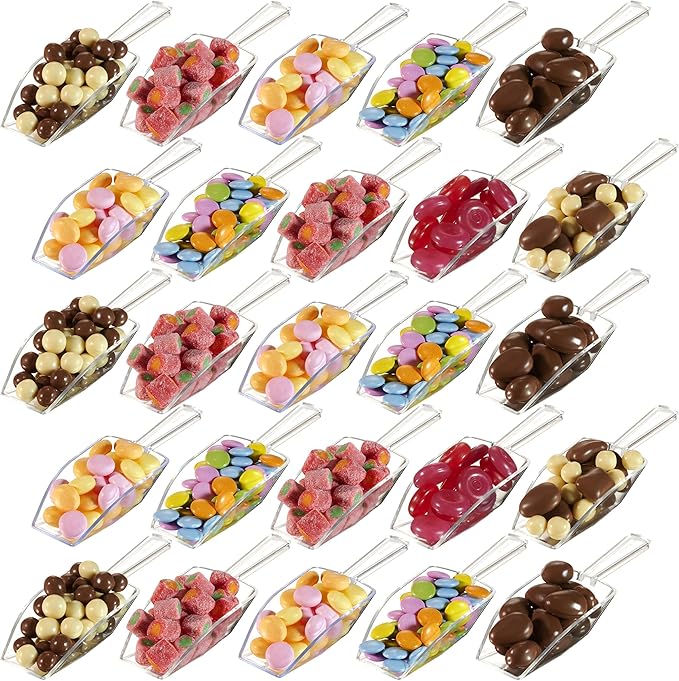 24-Mini Clear Acrylic Plastic Scoops for Candy - Ice Cream Bar, Jars, Containers, Coffee, Flour, Dessert Toppings, Buffets, Kitchen, Weddings, Parties & Concessions, Candy Buffet, 5.5" Candy Scoops