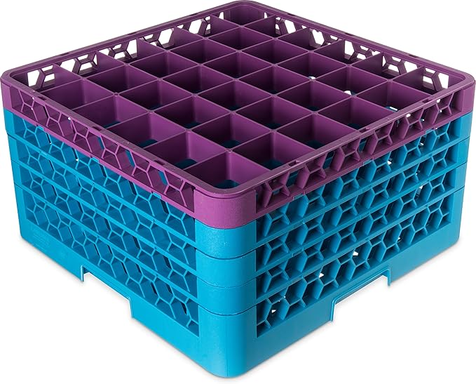 CFS RG36-4C414 OptiClean 36 Compartment Glass Rack with 4 Extenders, 10.3", Polypropylene, Lavender/CFS Blue