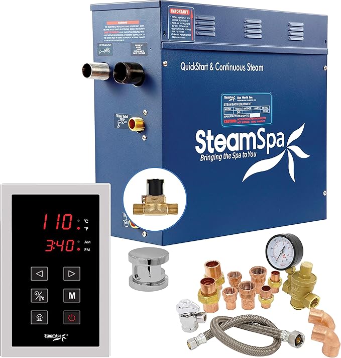 SteamSpa 4.5kW Steam Sauna Generator Premium Bundle 240V Steam Generator with Touch Pad Control, Steamheads, Pressure Relief Valve, Built-in Auto Drain and Plumber Quick Install Kit PRT450CH-A